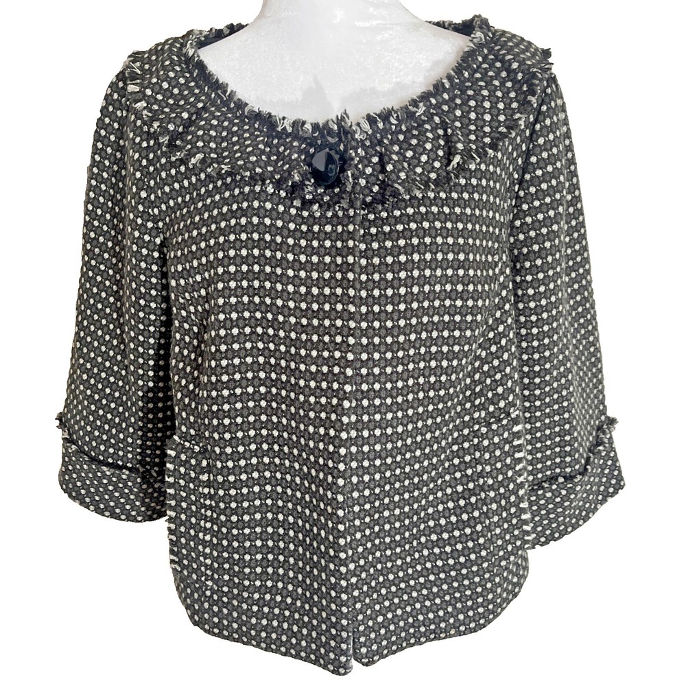 Mossimo Black Polka Dot Textured Knit Cropped Jacket Fringe Trim Women's Medium